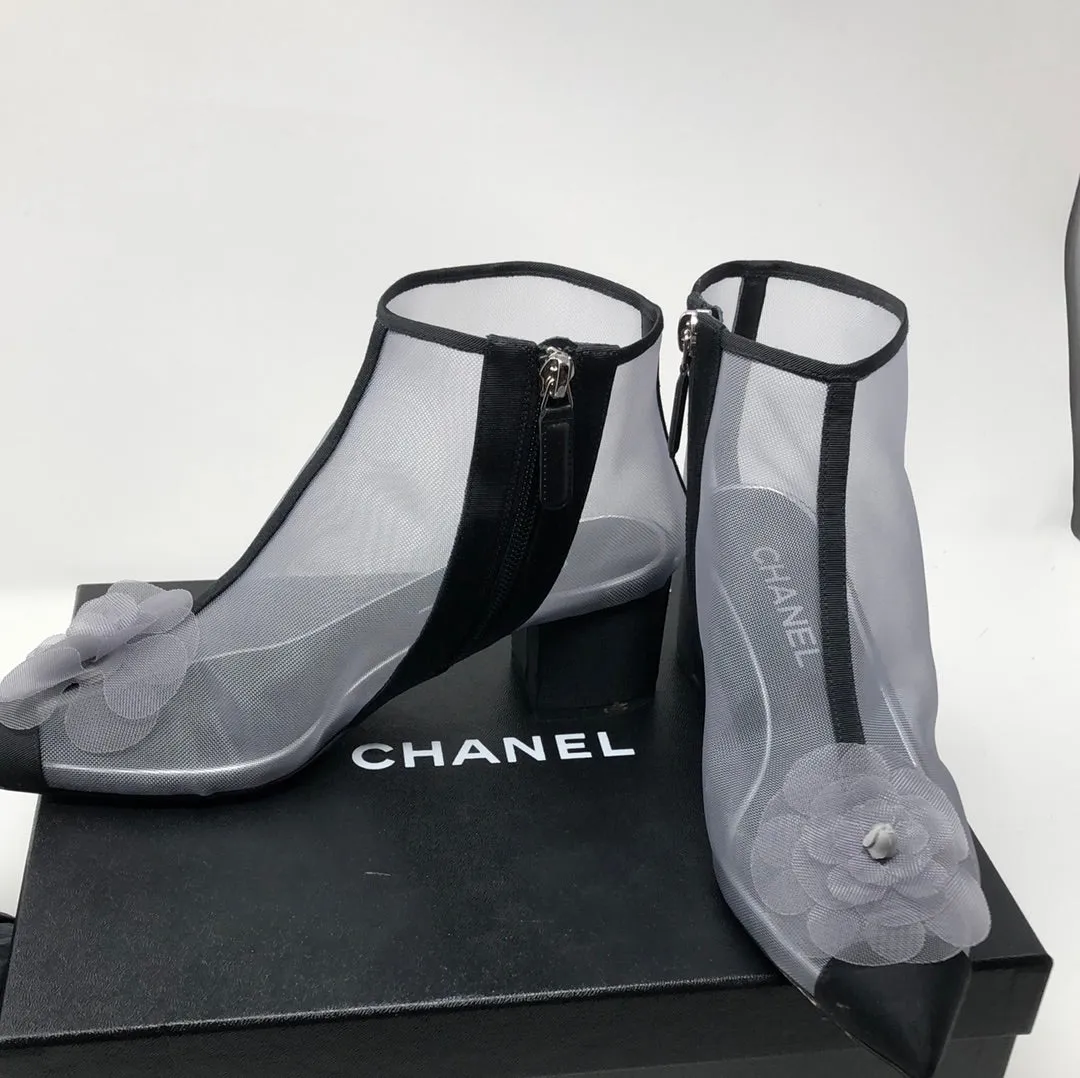 Chanel Grey Mesh Side Zip Short Booties with Flower
