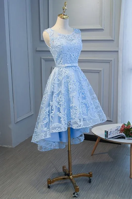 Charming Lace Round Neckline High Low Party Dress with Belt, Cute Party Dress