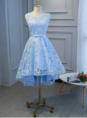 Charming Lace Round Neckline High Low Party Dress with Belt, Cute Party Dress