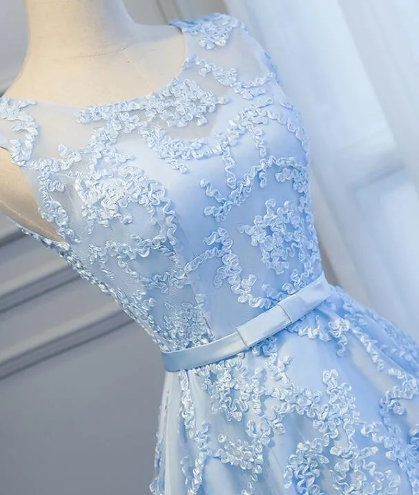 Charming Lace Round Neckline High Low Party Dress with Belt, Cute Party Dress