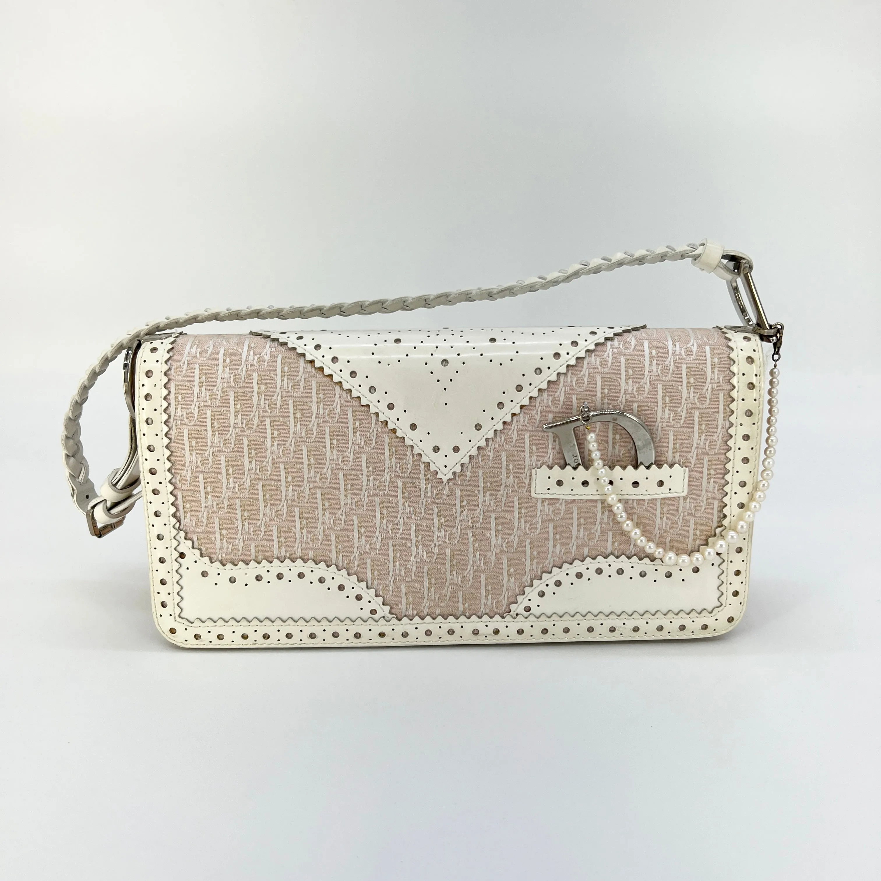 CHRISTIAN DIOR D'Trick Zip Shoulder Bag Leather with Diorissimo Canvas Rose Clair [Guaranteed Authentic]
