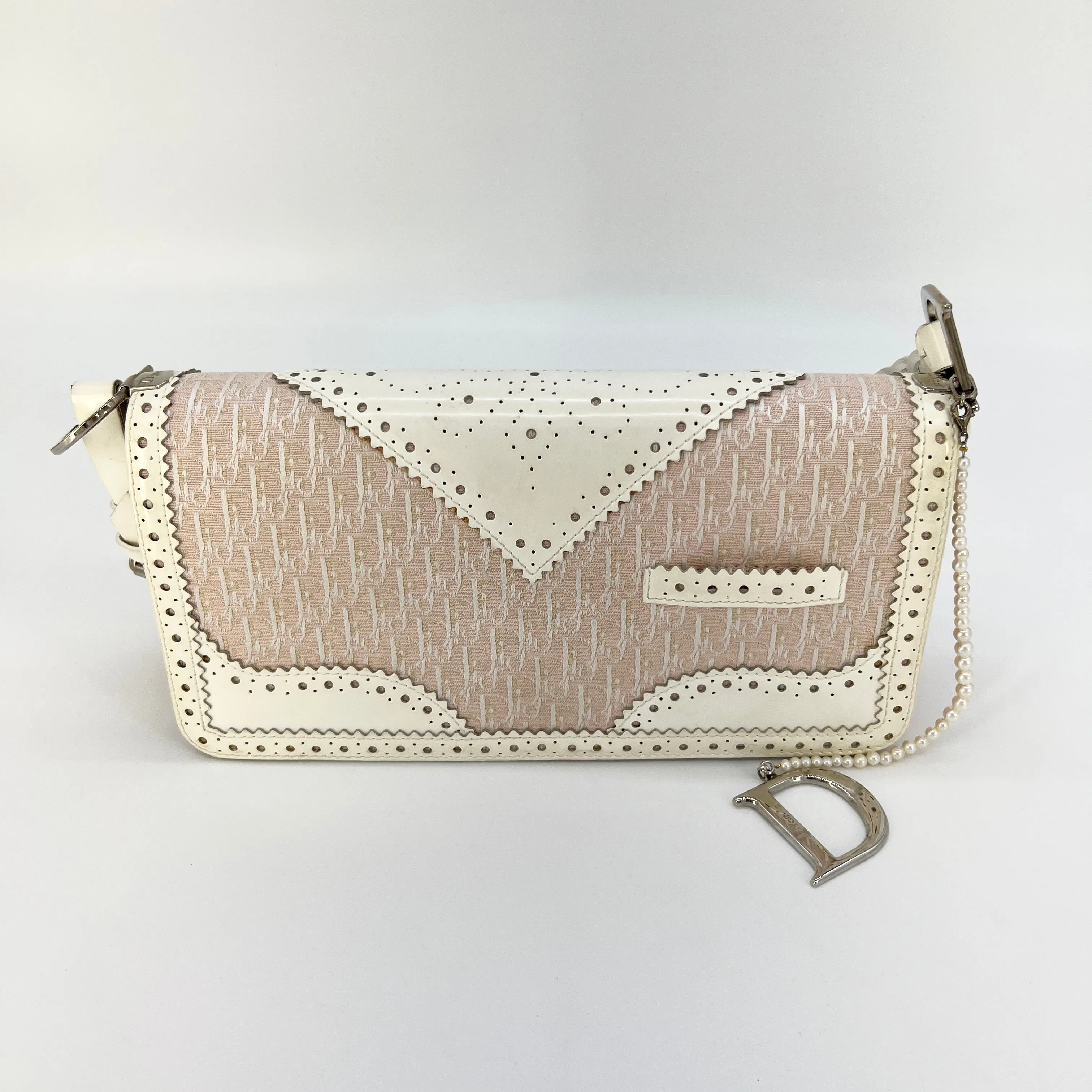 CHRISTIAN DIOR D'Trick Zip Shoulder Bag Leather with Diorissimo Canvas Rose Clair [Guaranteed Authentic]