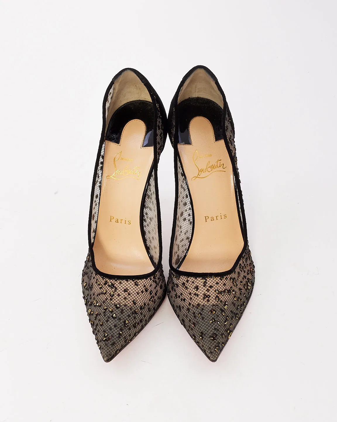 Christian Louboutin Black Mesh Crystal Embellished Point Toe Pumps - 38.5