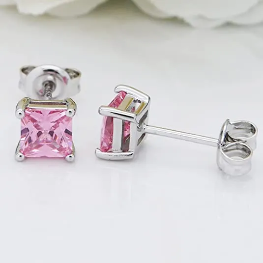 Created Pink Topaz 925 Streling SIlver Stud Earrings