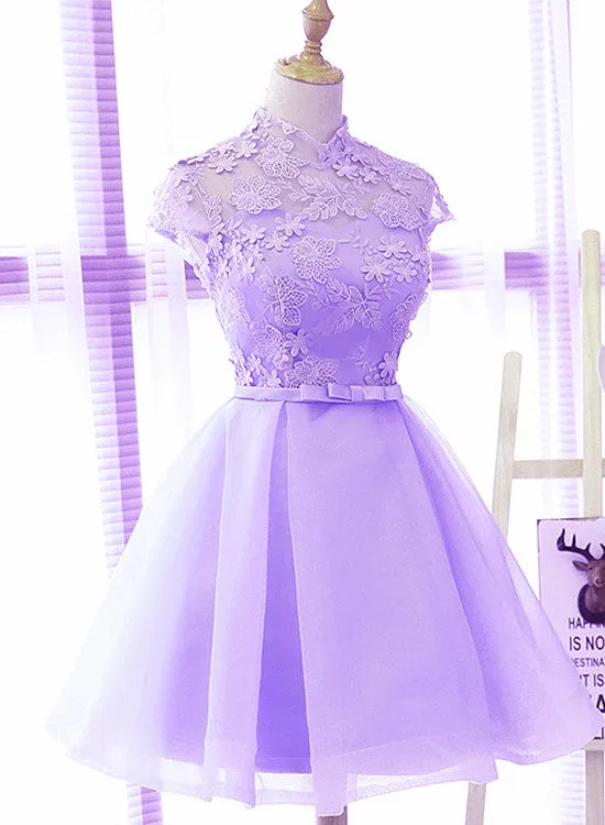 Cute High Neckline Lavender Short Graduation Dress, Short Prom Dress