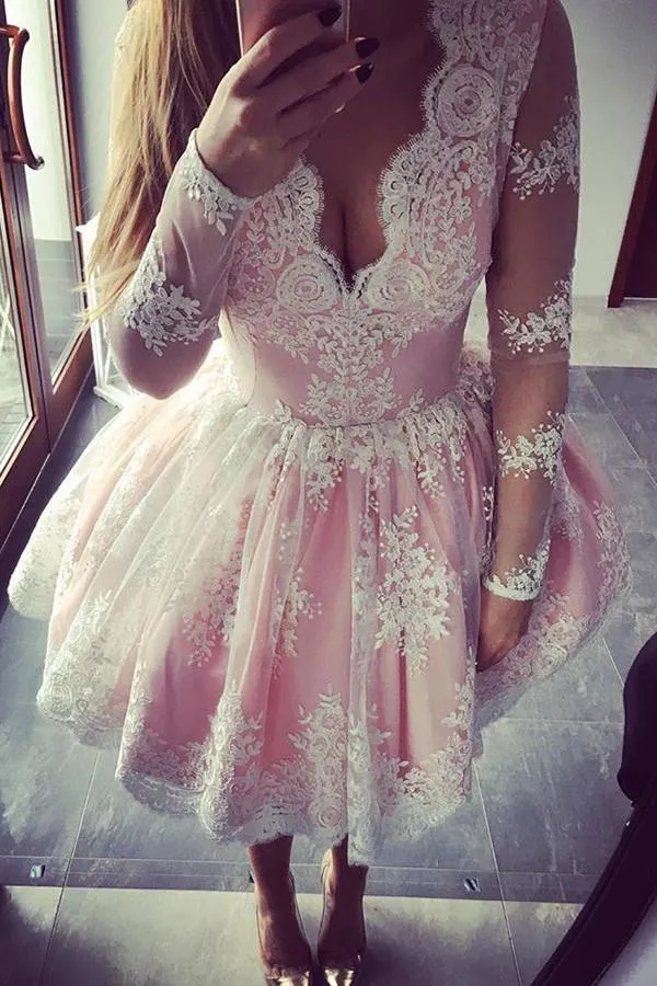 Cute Pink A-line Long Sleeves Short Prom Dress, Homecoming Dresses on Line, MH184