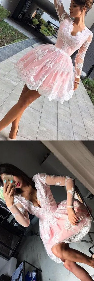 Cute Pink A-line Long Sleeves Short Prom Dress, Homecoming Dresses on Line, MH184