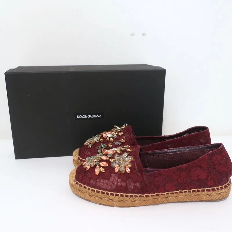 Dolce & Gabbana Crystal-Embellished Lace Espadrilles Bordeaux Size 37