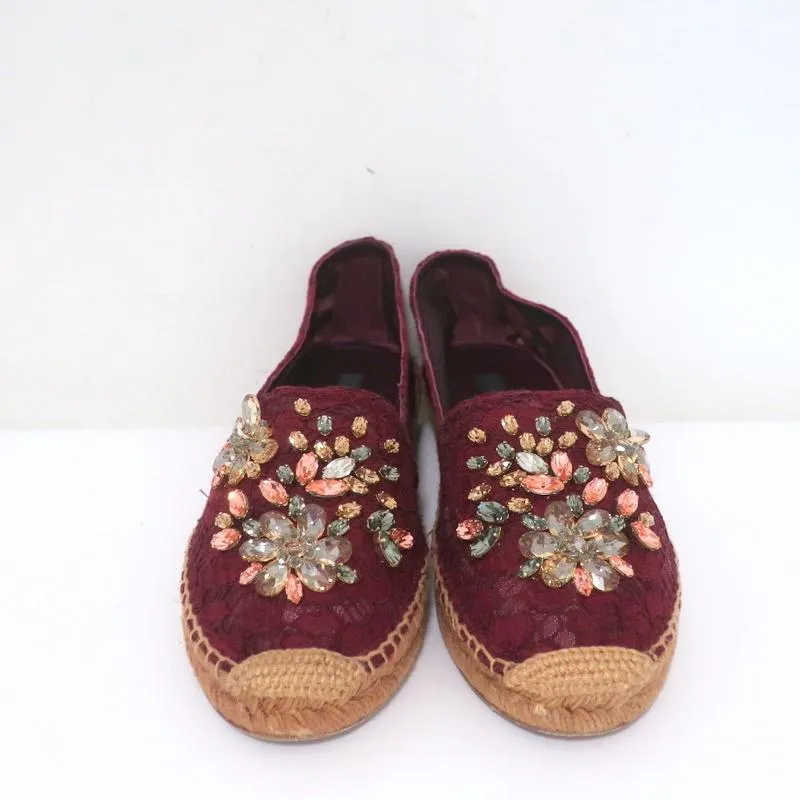 Dolce & Gabbana Crystal-Embellished Lace Espadrilles Bordeaux Size 37
