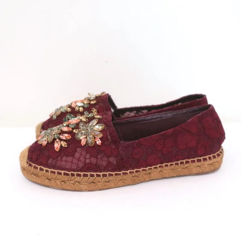 Dolce & Gabbana Crystal-Embellished Lace Espadrilles Bordeaux Size 37
