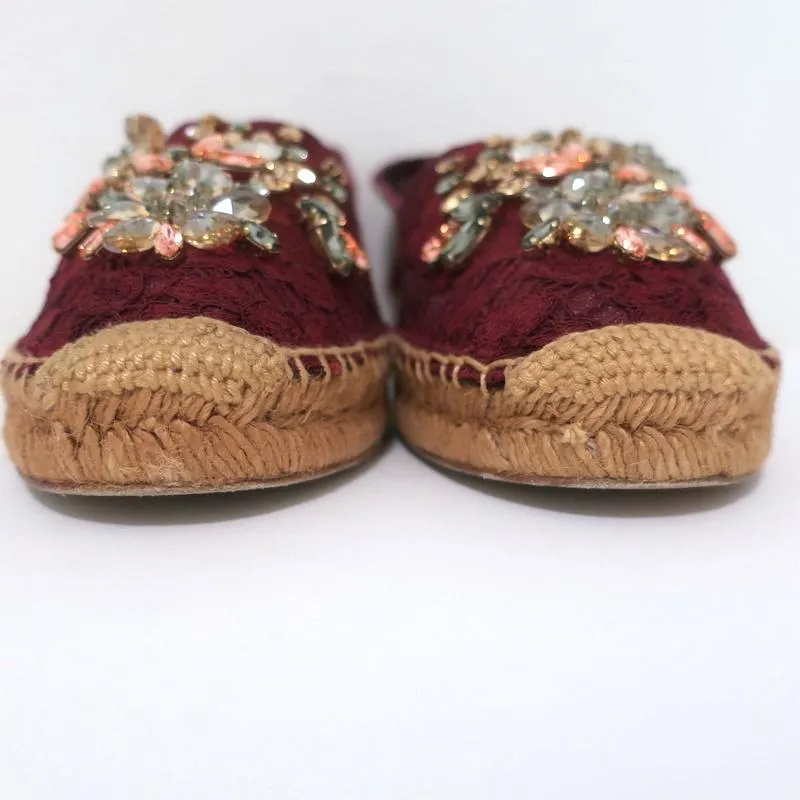 Dolce & Gabbana Crystal-Embellished Lace Espadrilles Bordeaux Size 37