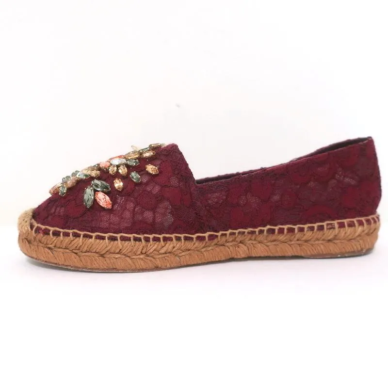 Dolce & Gabbana Crystal-Embellished Lace Espadrilles Bordeaux Size 37