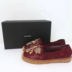Dolce & Gabbana Crystal-Embellished Lace Espadrilles Bordeaux Size 37