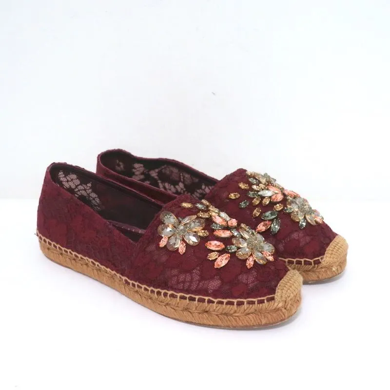 Dolce & Gabbana Crystal-Embellished Lace Espadrilles Bordeaux Size 37