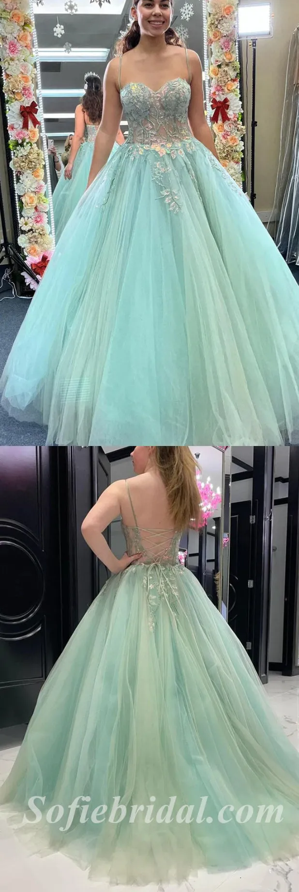 Elegant Tulle Spaghetti Straps V-Neck Sleeveless Lace Up A-Line Long Prom Dresses With Applique And Beading,SFPD0544