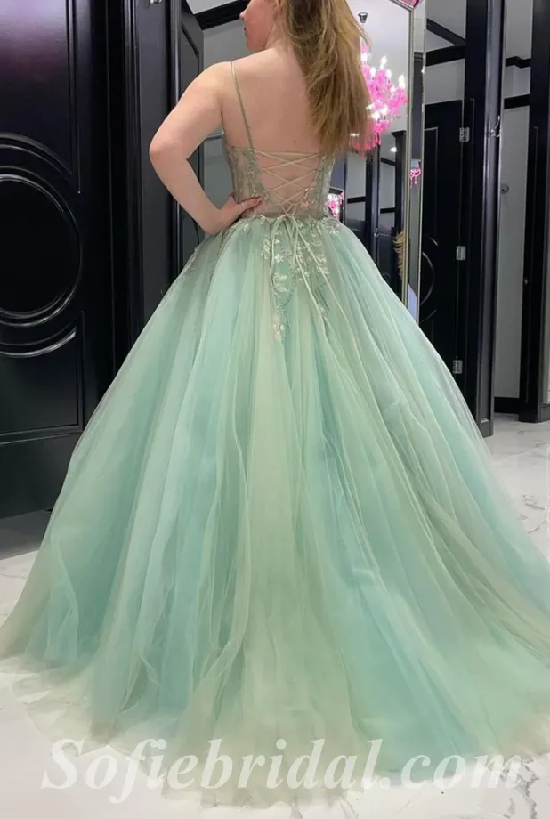 Elegant Tulle Spaghetti Straps V-Neck Sleeveless Lace Up A-Line Long Prom Dresses With Applique And Beading,SFPD0544