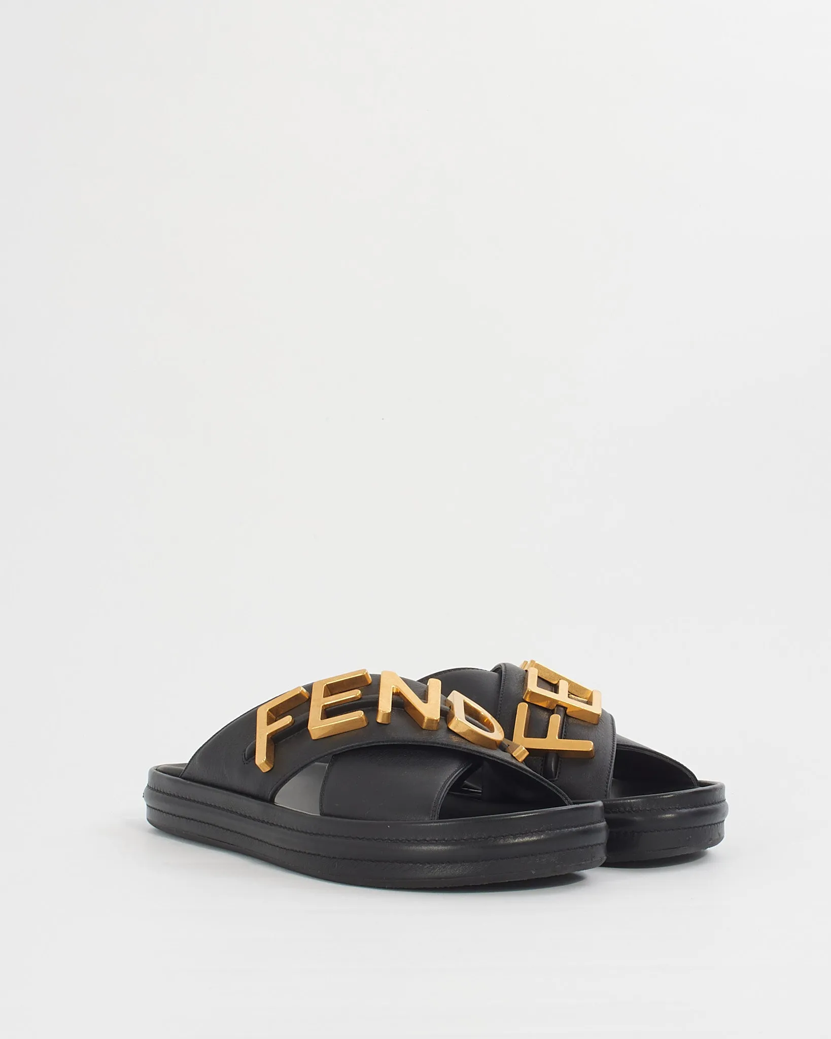 Fendi Black Leather "Fendigraphy" slides - 40