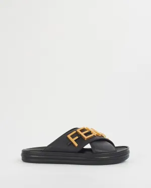 Fendi Black Leather "Fendigraphy" slides - 40