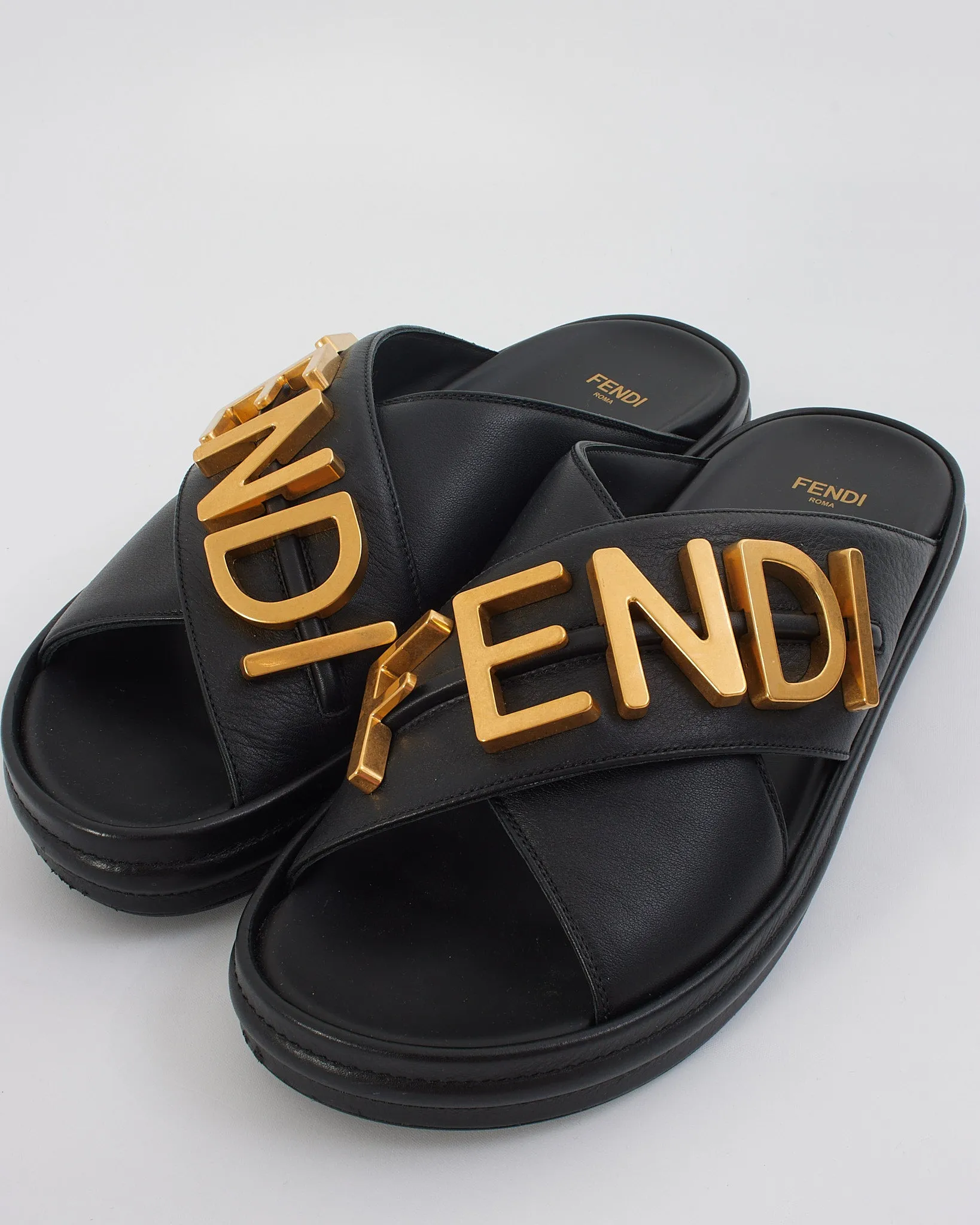 Fendi Black Leather "Fendigraphy" slides - 40