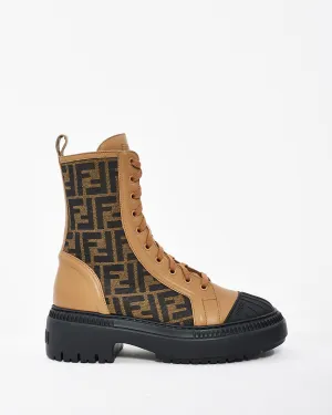 Fendi Brown Canvas Zucca Print Combat Boot - 38.5