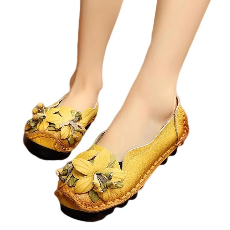Flowers Flat Shoes Women  Genuine Leather Shoes