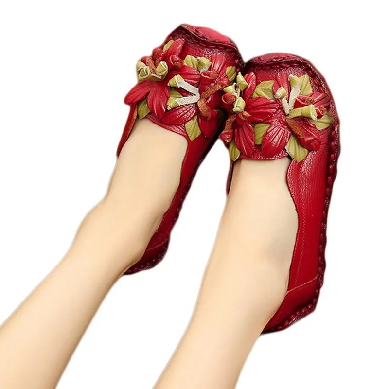 Flowers Flat Shoes Women  Genuine Leather Shoes