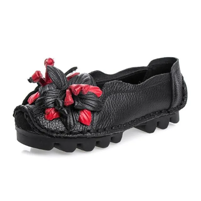 Flowers Flat Shoes Women  Genuine Leather Shoes