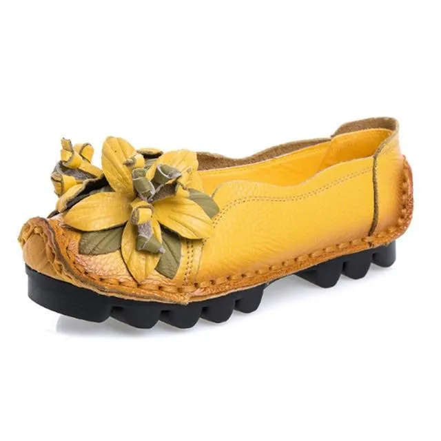 Flowers Flat Shoes Women  Genuine Leather Shoes