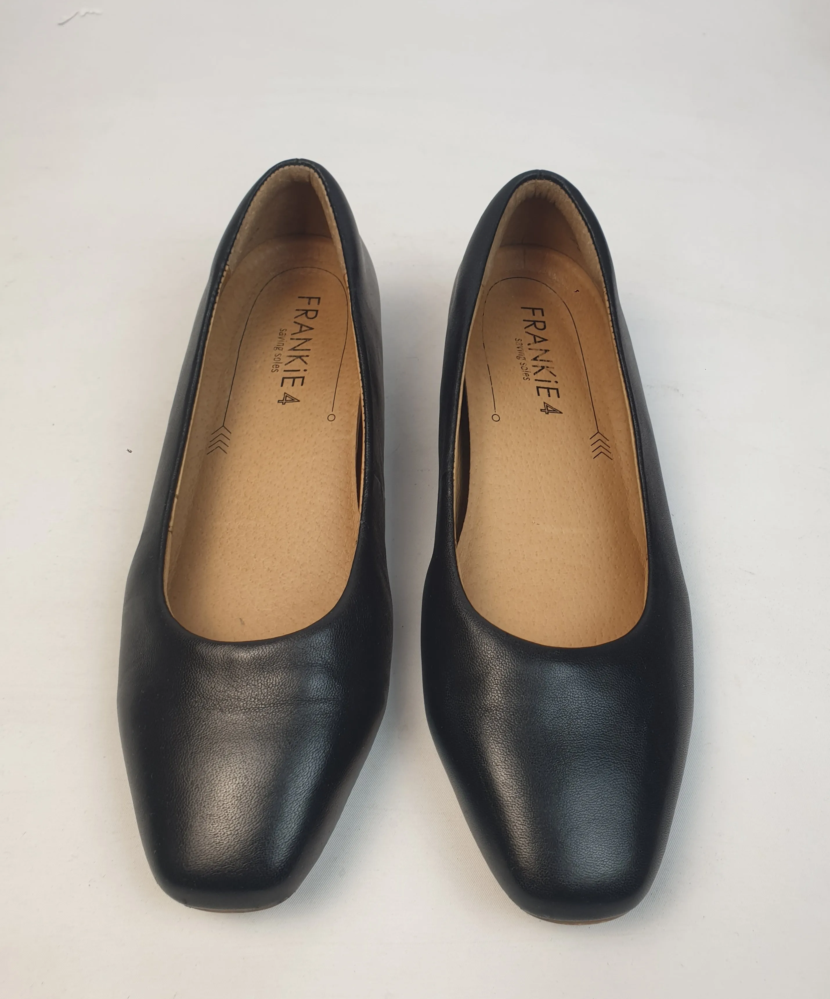 Frank!e 4 black slip on shoes with small hidden wedge heel size 8
