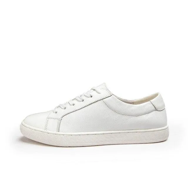 Genuine Leather Women Flats White Soft Soled Pointed Toy Preppy Style Lace Up shoes