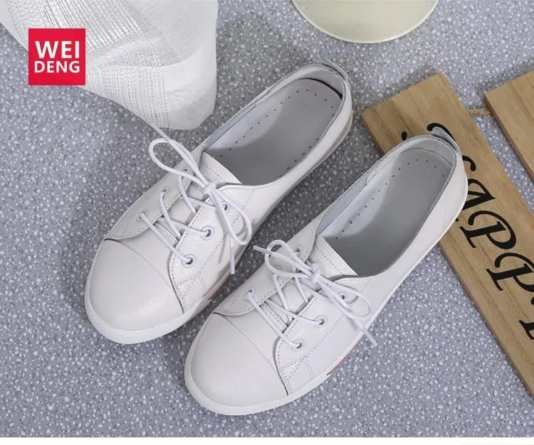 Genuine Leather Women Flats White Soft Soled Pointed Toy Preppy Style Lace Up shoes