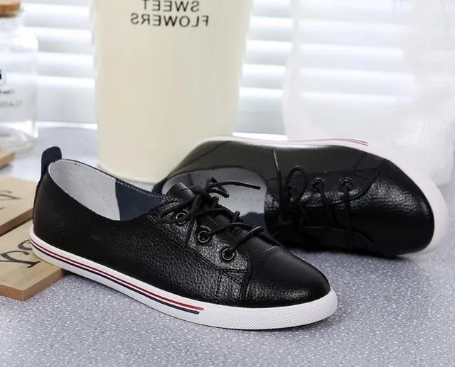 Genuine Leather Women Flats White Soft Soled Pointed Toy Preppy Style Lace Up shoes