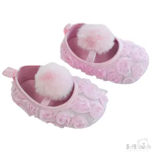 Girls Rose Flower Shoes W/Velcro Strap & Pom Pom: B2230-P