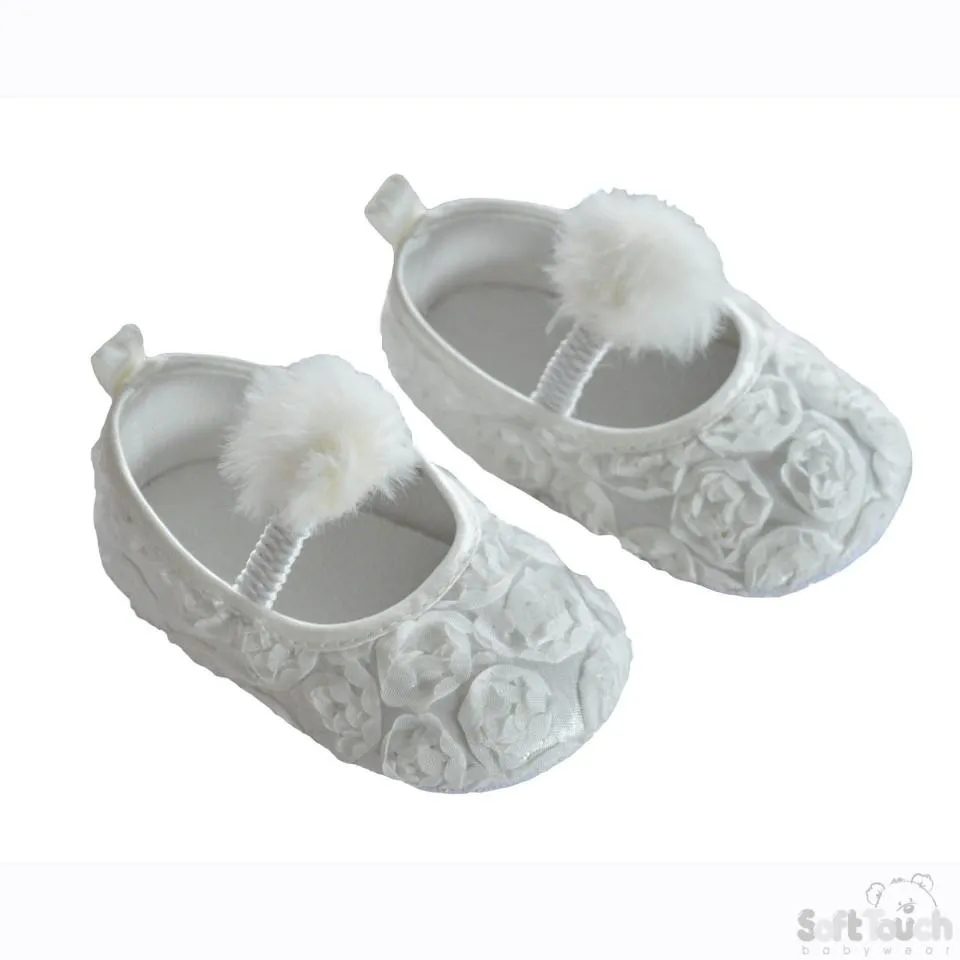 Girls Rose Flower Shoes W/Velcro Strap & Pom Pom: B2230-W