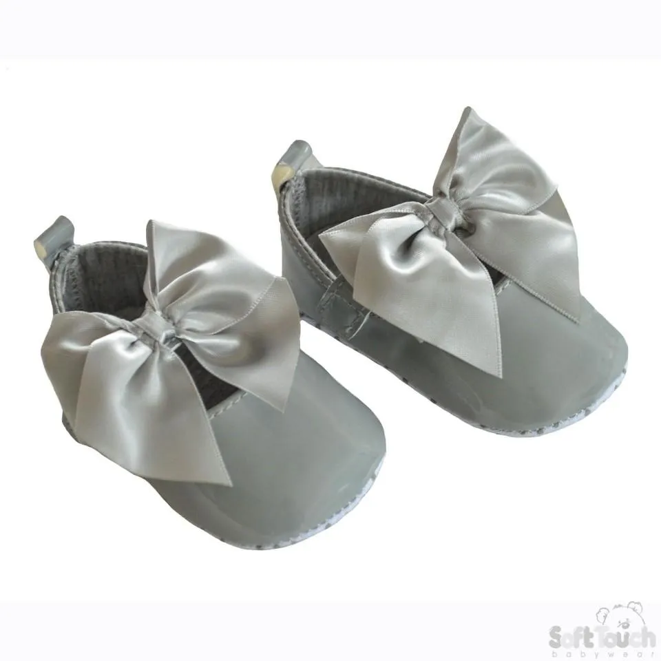 Girls Shiny PU Shoes W/Velcro Strap & Large Satin Bow: B2228-G