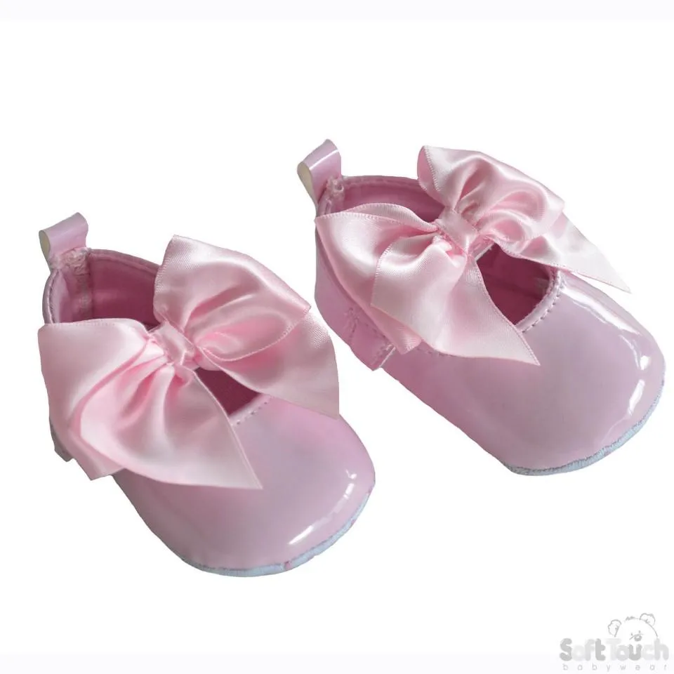 Girls Shiny PU Shoes W/Velcro Strap & Large Satin Bow: B2228-P