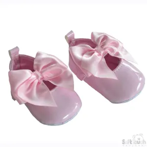 Girls Shiny PU Shoes W/Velcro Strap & Large Satin Bow: B2228-P