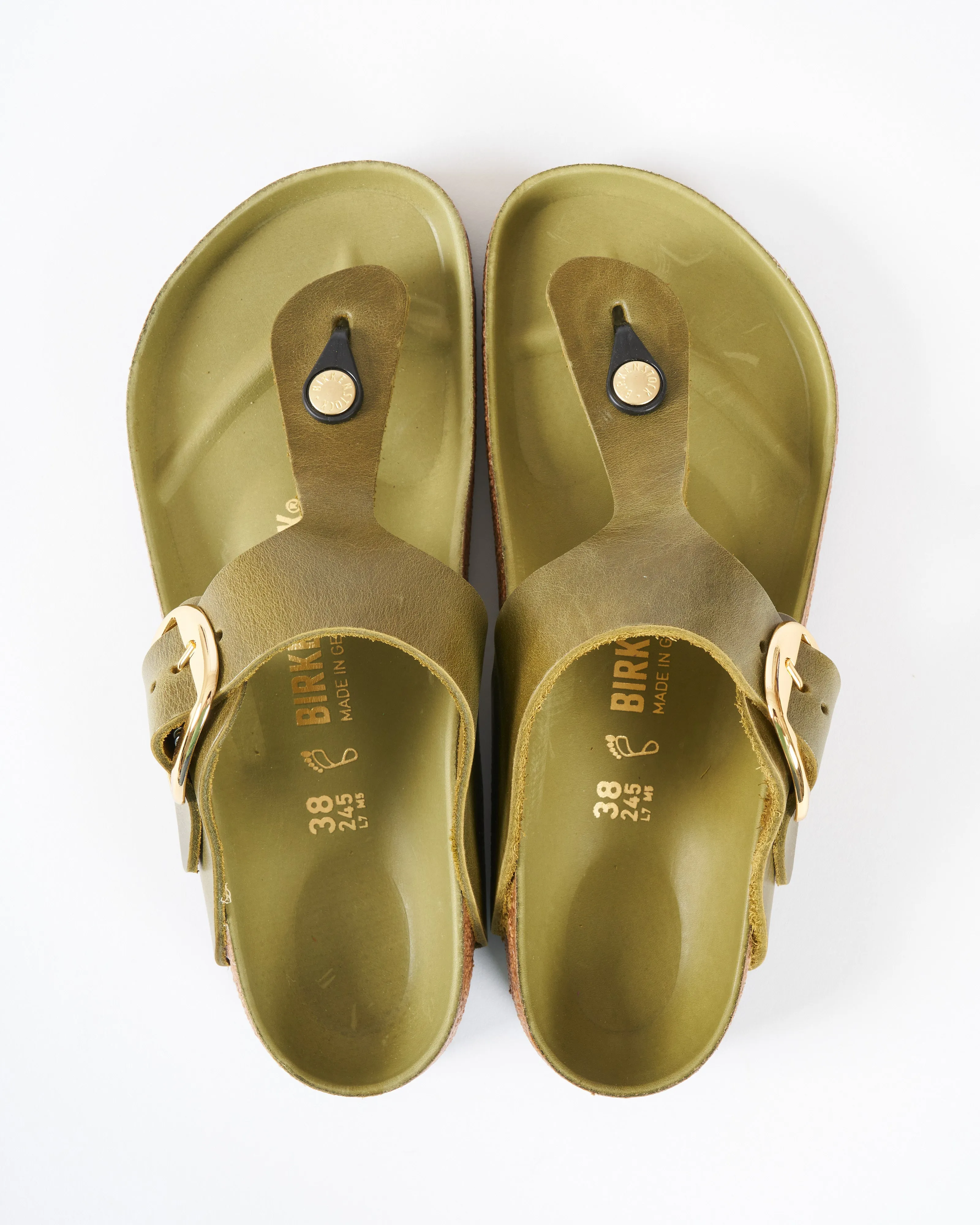 gizeh big buckle sandal - green olive oiled leather