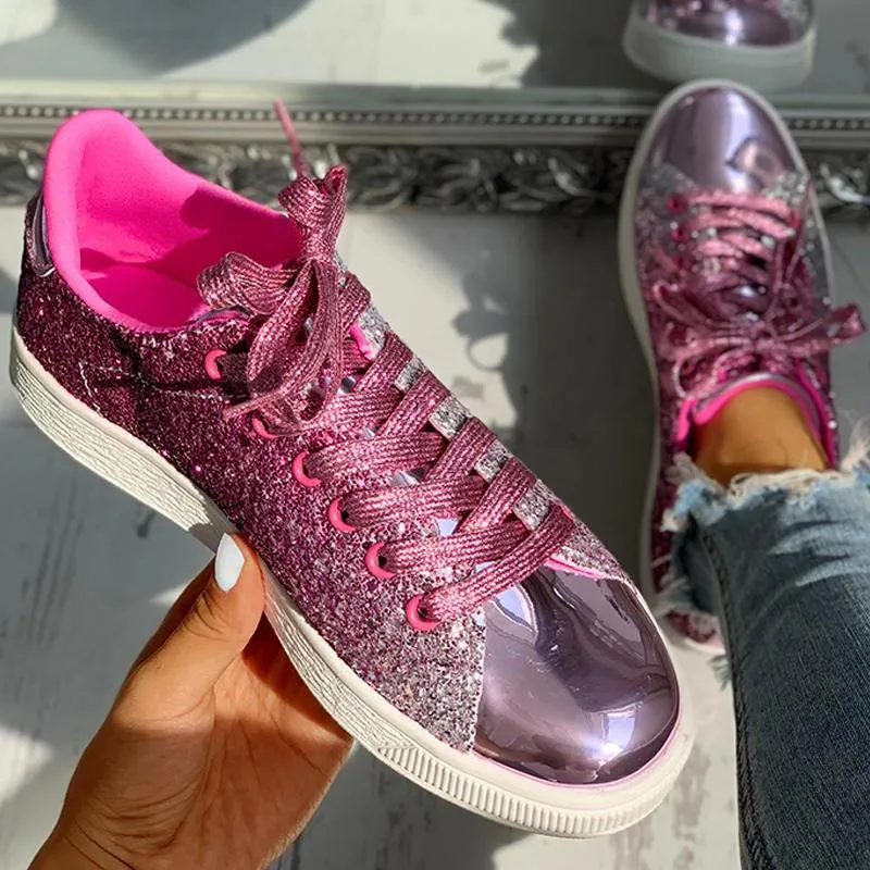 Glitter Sequins Eyelet Lace-up Sneakers