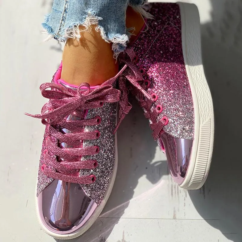 Glitter Sequins Eyelet Lace-up Sneakers