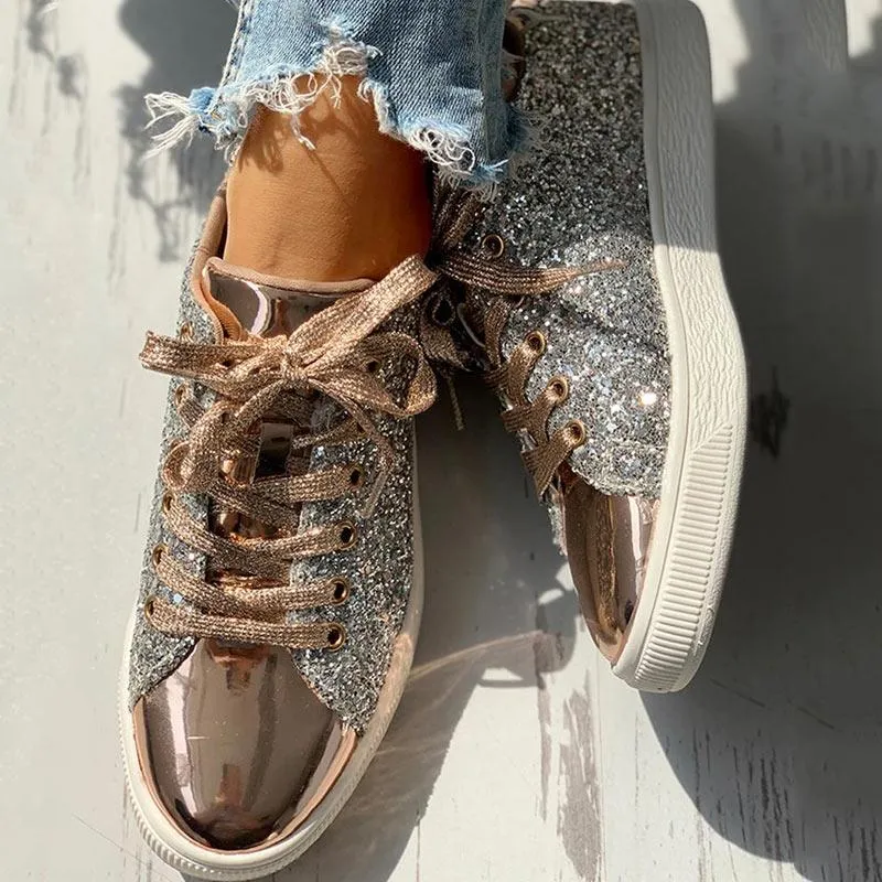 Glitter Sequins Eyelet Lace-up Sneakers