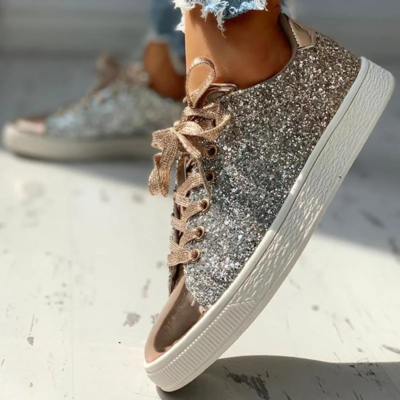 Glitter Sequins Eyelet Lace-up Sneakers