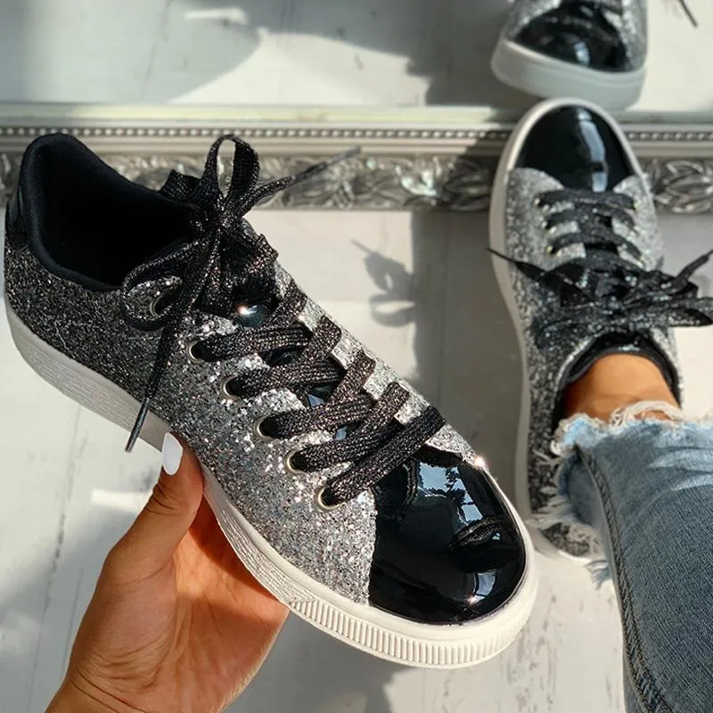 Glitter Sequins Eyelet Lace-up Sneakers