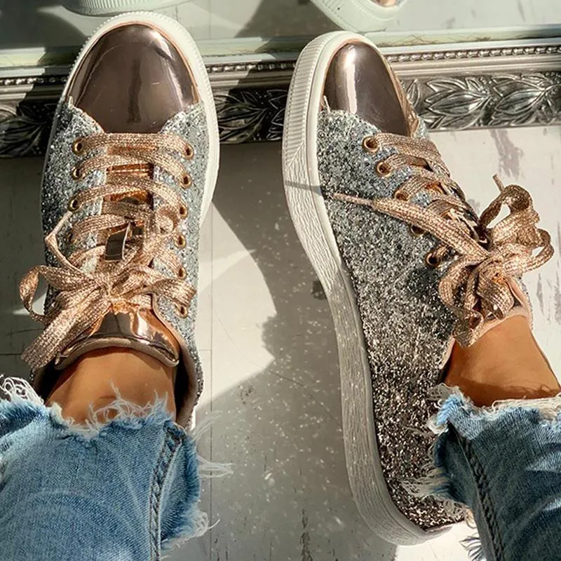 Glitter Sequins Eyelet Lace-up Sneakers