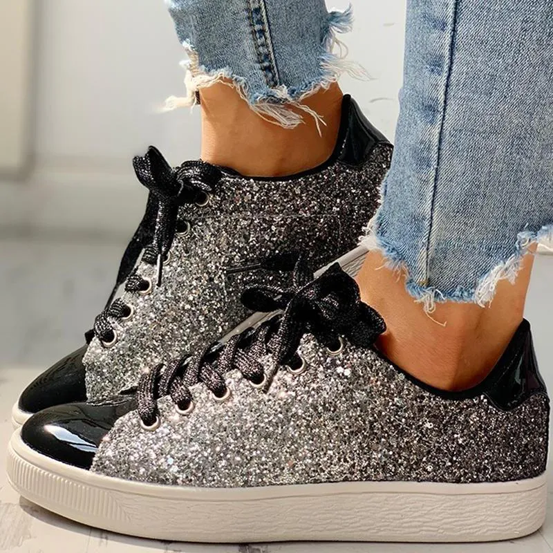Glitter Sequins Eyelet Lace-up Sneakers