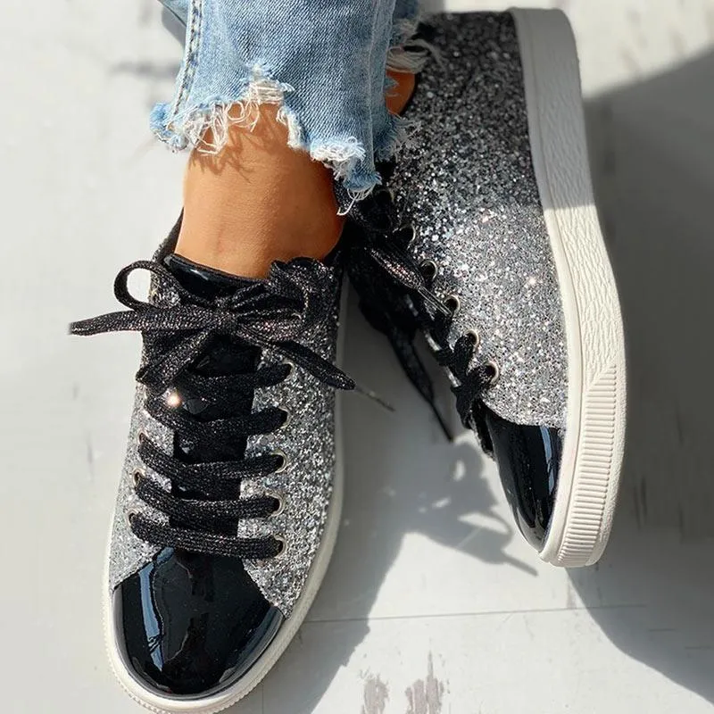 Glitter Sequins Eyelet Lace-up Sneakers