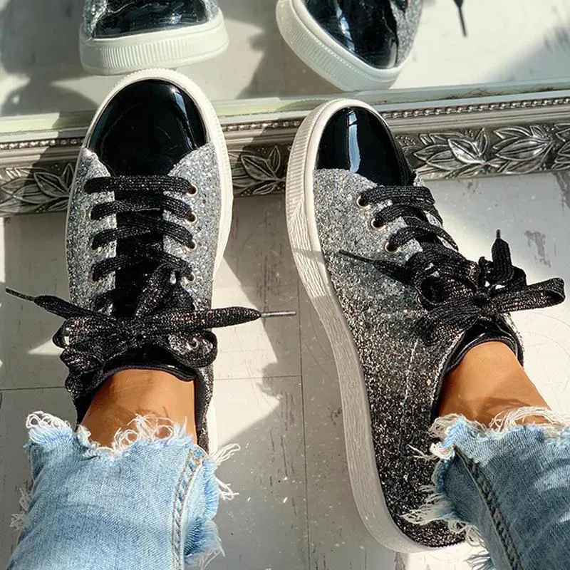 Glitter Sequins Eyelet Lace-up Sneakers