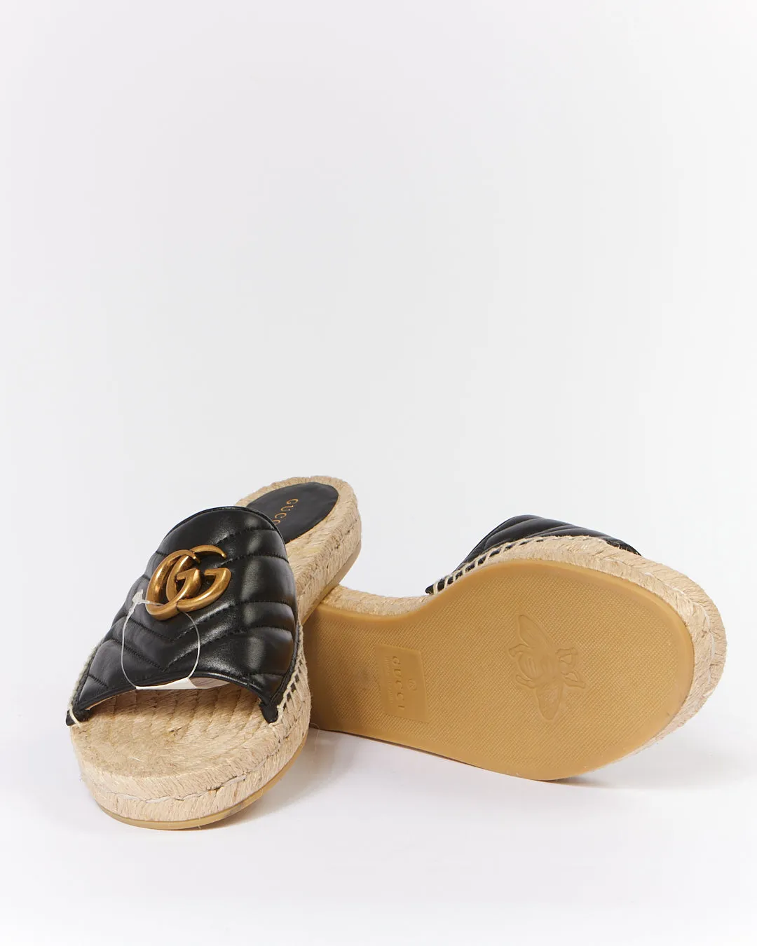 Gucci Black Marmont GG Chevron Matelasse Open Toe Slides - 41