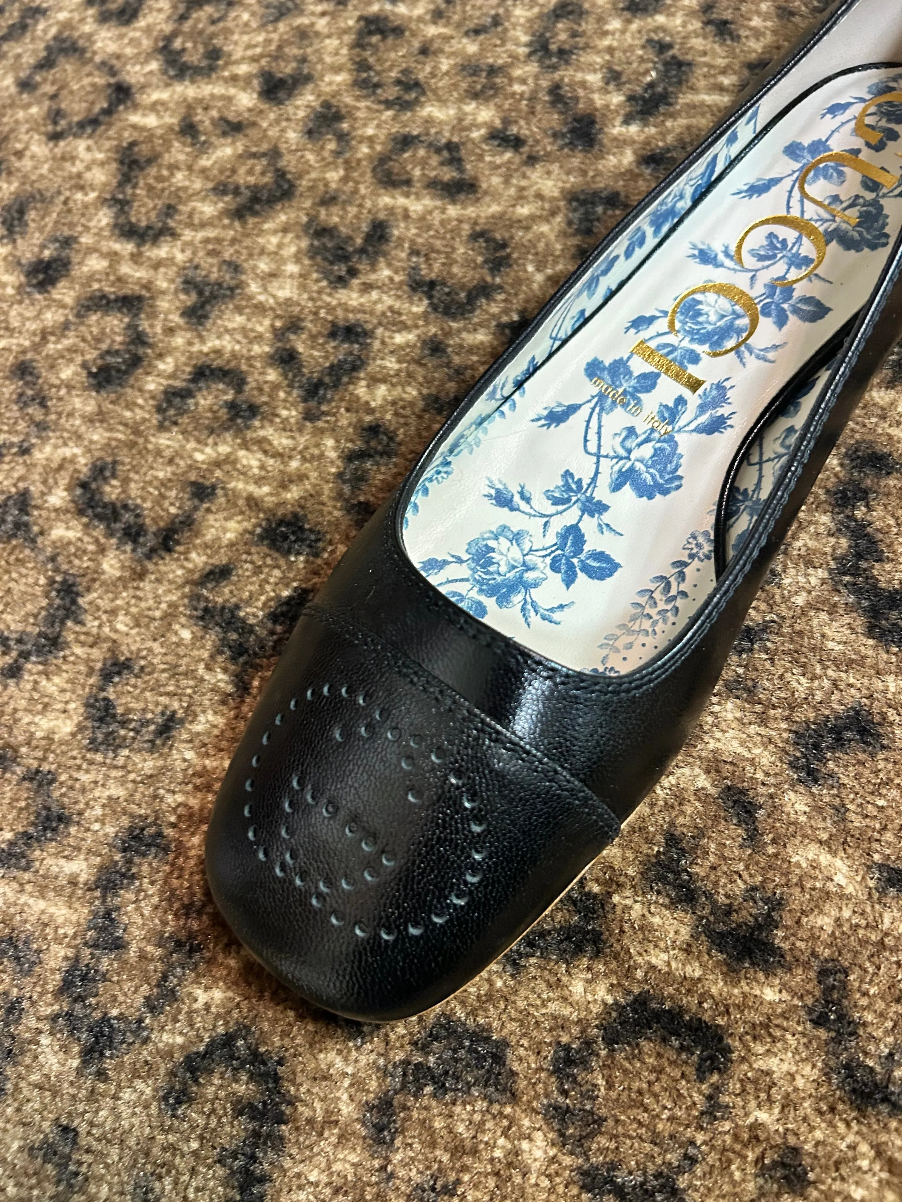 Gucci Shoes, Black Goatskin Perforated GG Flats (size 38.5)