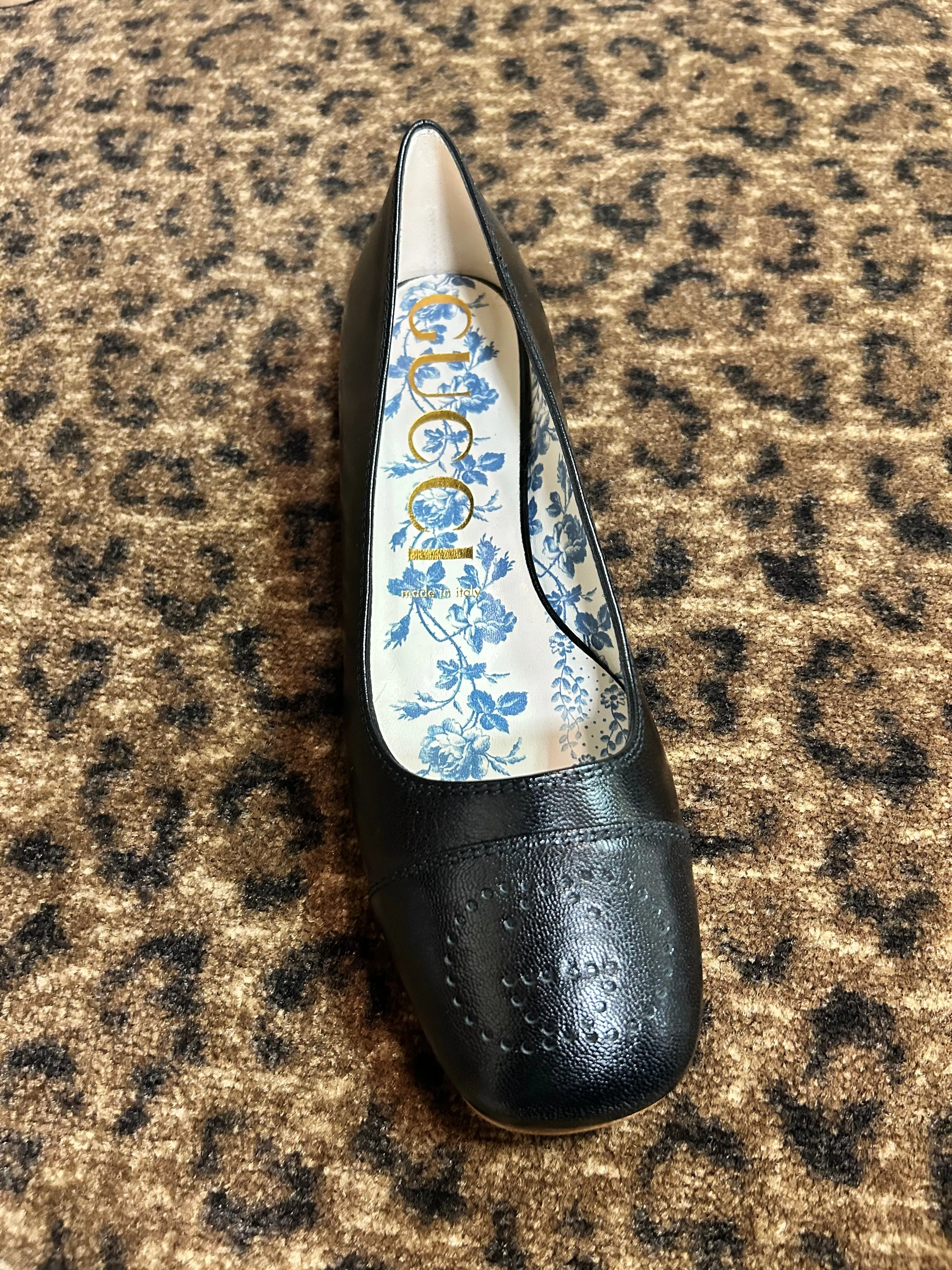 Gucci Shoes, Black Goatskin Perforated GG Flats (size 38.5)